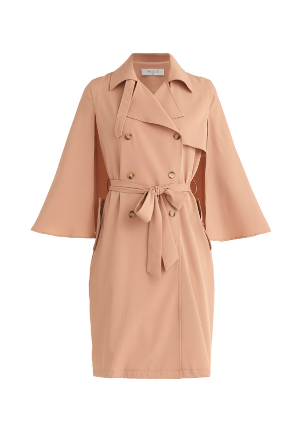 Paisie Cape Sleeve Trench Coat in Tan Cut Out